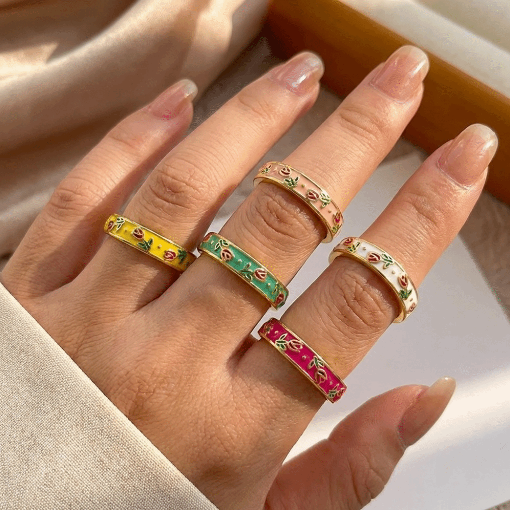 Fashion Colorful Open Ring Flower Unique Vintage Geometric Ring Sweet Adjustable Tulip Ring Gift