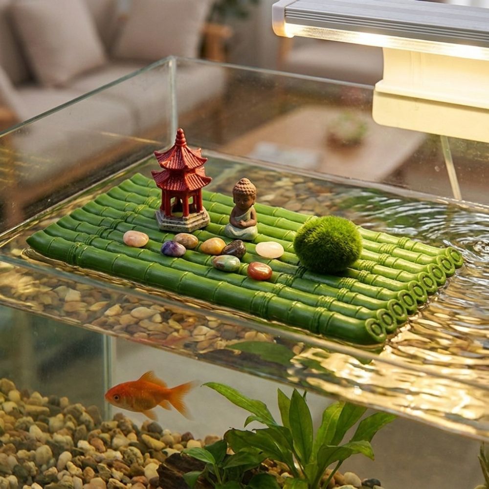 Waterproof Chinese Zen Style Floating Bamboo Raft Ornament Artificial Bamboo No Fading Aquarium Bamboo Mat Smooth Realistic Fisherman Fishing Bamboo Raft Water Feature Decor