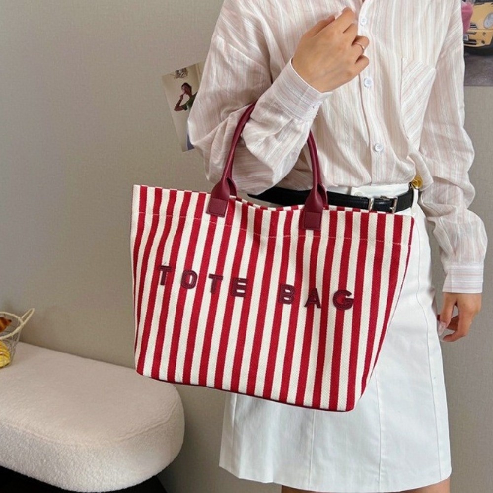 Portable Large Capacity Striped Canvas Tote Bag Canvas Striped Women's Handbag Magnetic Snap Lightweight Shoulder Bag Beach