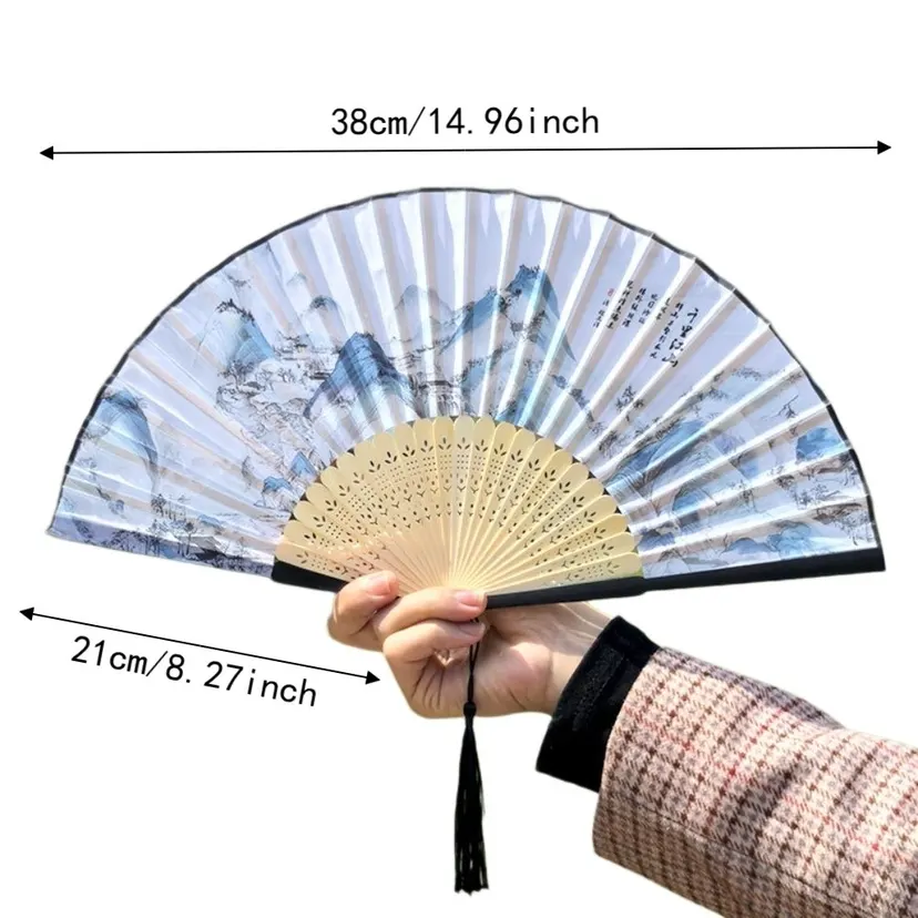Vintage Silk Cloth Folding Hand Fan Peony Flower Bamboo Frame Retro Handheld Fan Shell-Shaped Decoration Dance Fan Hanfu Cheongsam