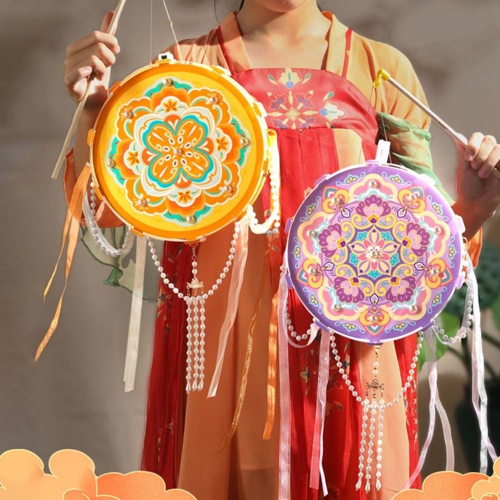 Chinese Portable Light LED Warm Glow Dunhuang Lanterns Bead-strand Drum Shaped Flower Drumlamp Hanging Ribbons Retro Pattern Ancient Style Light Crafting Activity