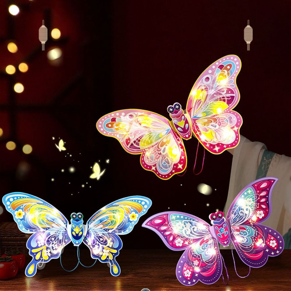Funny Handmade Mid-Autumn Festival Lantern Dragonfly Shape Paper Handheld Glowing Lantern with LED Light Chinese Style Light-Up Butterfly Lantern Party Decoration