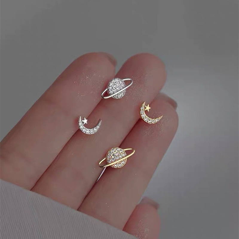Zircon Star Moon Mini Earrings For Women Cute Korean Planet Asymmetric Ear Studs Piercing Earrings Jewelry Gifts 7DD