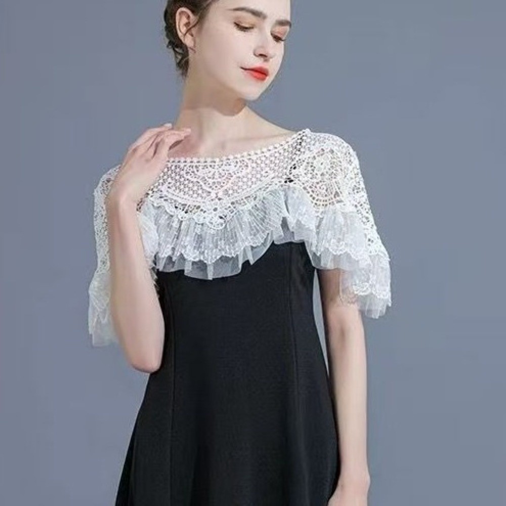 New Vintage Cheongsam Crochet Tippet Lace Mesh Trim Hollow-Out Shawl Cloth Black Shawl Cape Coat Bridal