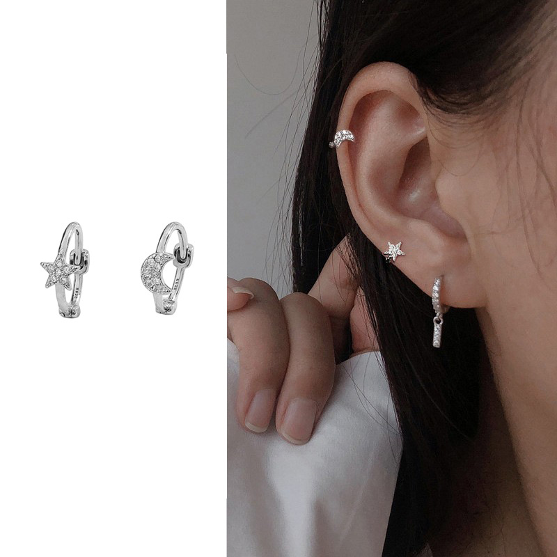【Quality certifications】Fashion New Star Moon Asymmetric Ear Buckle Actress Moon Zircon Earrings Small Fresh Five-pointed Ring