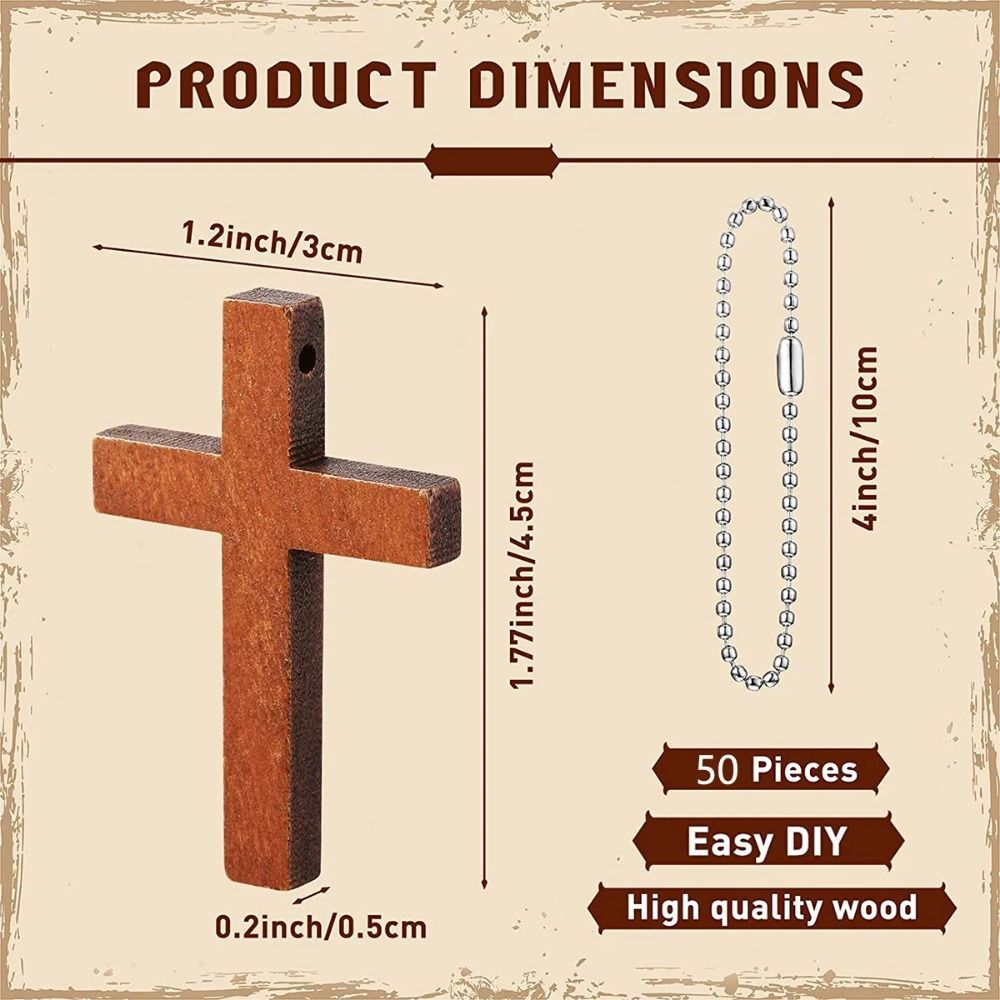 50pcs Pocket Portable Wooden Crosses Pendant DIY with Chains Wood Charms Pendant Durable Lightweight Mini Wooden Valentine's Day