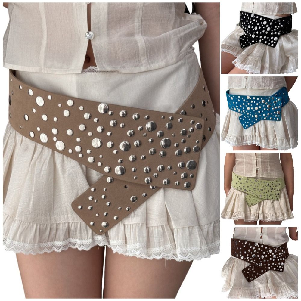 Cool PU Rivets Extra Wide Belt Punk Exaggerated Studded Wide Waistband Gothic Y2K Women Waist Belts Festival
