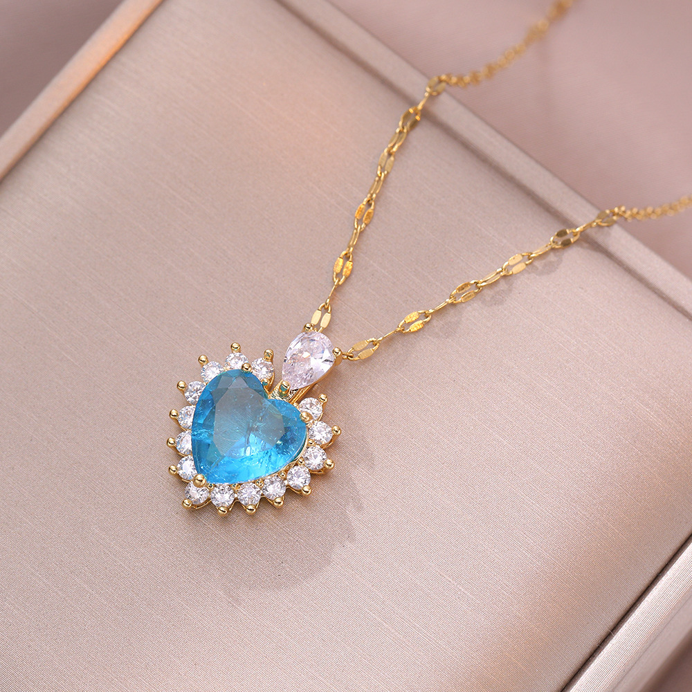 【New Arrivals】Women's Japanese-Korean Style Peach Heart Necklace Korean Style Love Blue Ice Flower Zircon Pendant Fashion Simple Collarbone Chain Jewelry