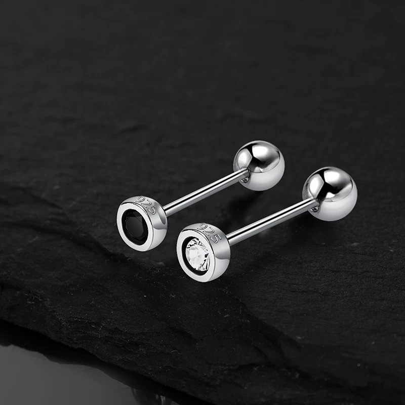 Jewelry Black and White Single Diamond Earrings Men's Trendy Cold Style Fashionable Zircon Anti-lost Screw Earrings