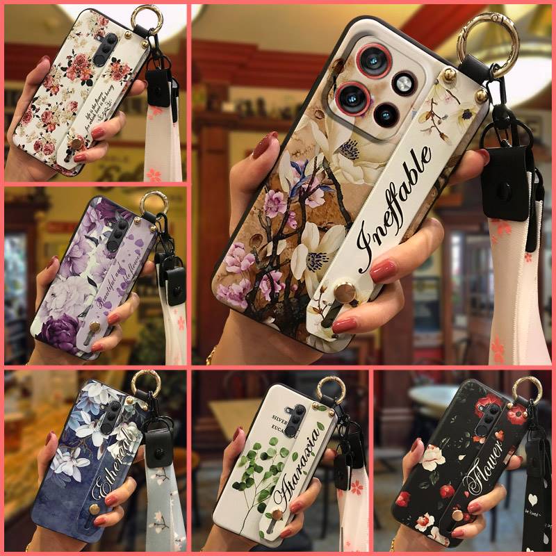 Cute Silicone Phone Case For MOTO G86 5G Lanyard Cartoon Wrist Strap Wristband Kickstand Ring Fashion Design Waterproof