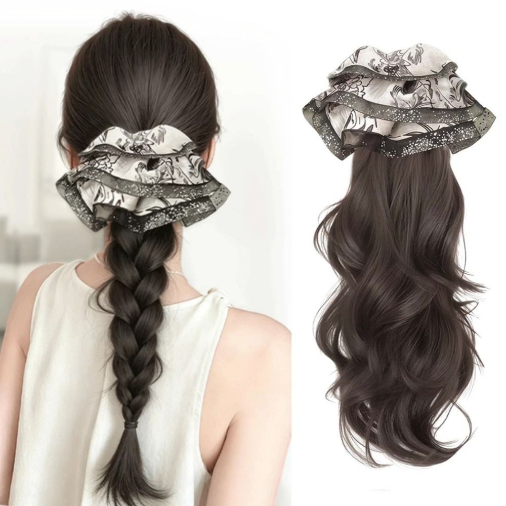 Vintage Chinese Style Claw Clip Wavy Ponytail Synthetic Elegant Ink Painting Floral Print Scrunchie Wig Natural Layered Long Curly Ponytail Hairpiece Daily Use