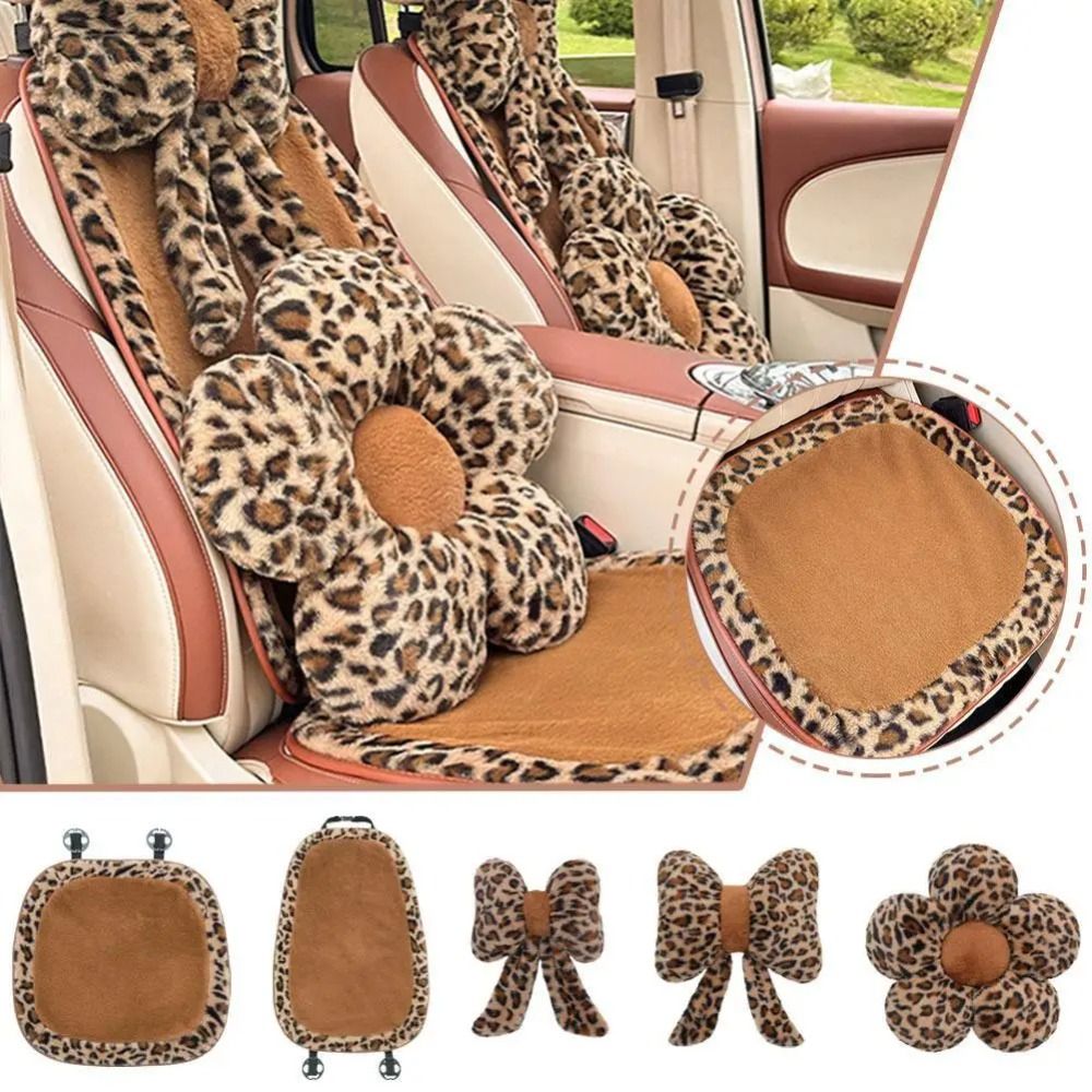 Auto Spare Parts Bow Leopard Print Car Headrest Comfortable Flower Car Seat Decoration Plush Black Plush Seat Cushion Cushion Front