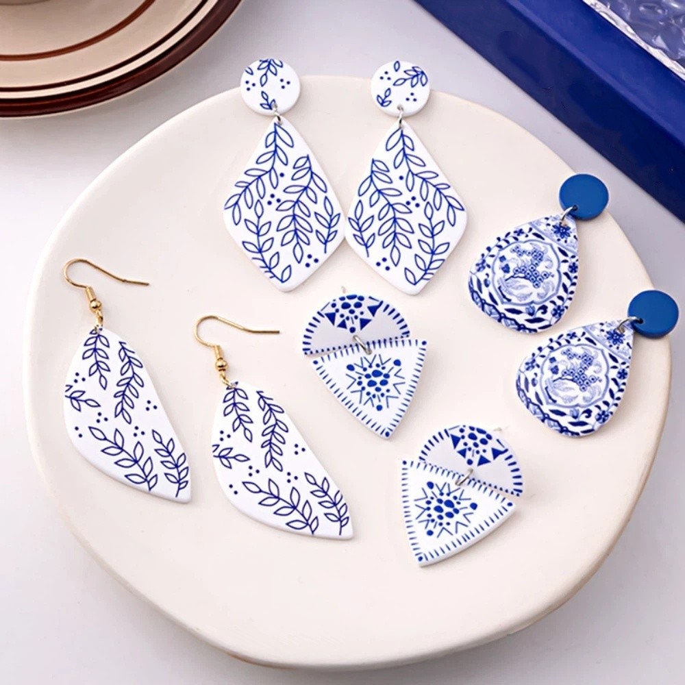 Fashion Vintage Blue and White Porcelain Earrings Chinese Style Wave Point Elegant Geometric Earrings Electroplating Geometric Hanfu Earrings Lady/Gifts