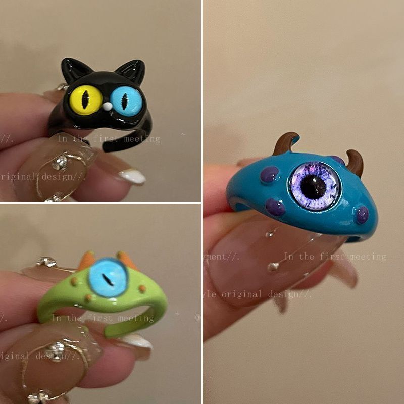 quality】Cute Little Monster Black Cat 2023 New Style Ring Women's Dopamine Jewelry Big Eye Boy Ring Tail Ring for