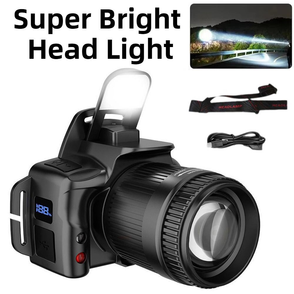 Portable Telescopic Zoom Super Bright Headlight Waterproof Black Strong Light LED Headlamp Hands-Free Digital Display LED Sensor Headlamp Camping