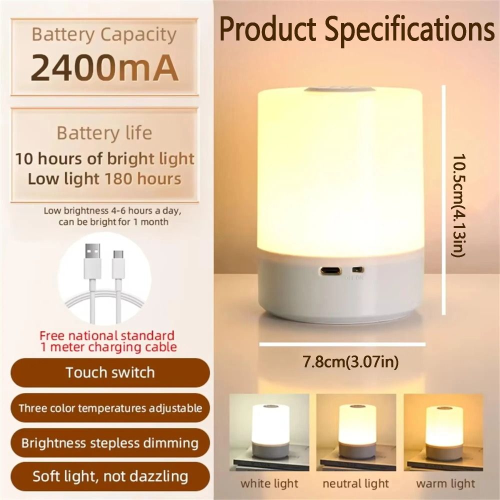 LED Night Light Bedside Lamp Touch Control Adjustable Rechargeable Portable Lamp for Baby Kids Nursery Bedroom Bathroom