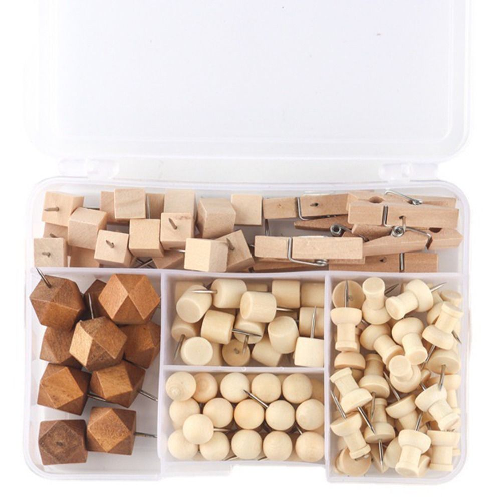 128Pcs Simple Creative Wooden Push Pins 3D DIY Geometric Shape Pushpins Multifunctional with Box Decorative Studs Photo Wall Decor