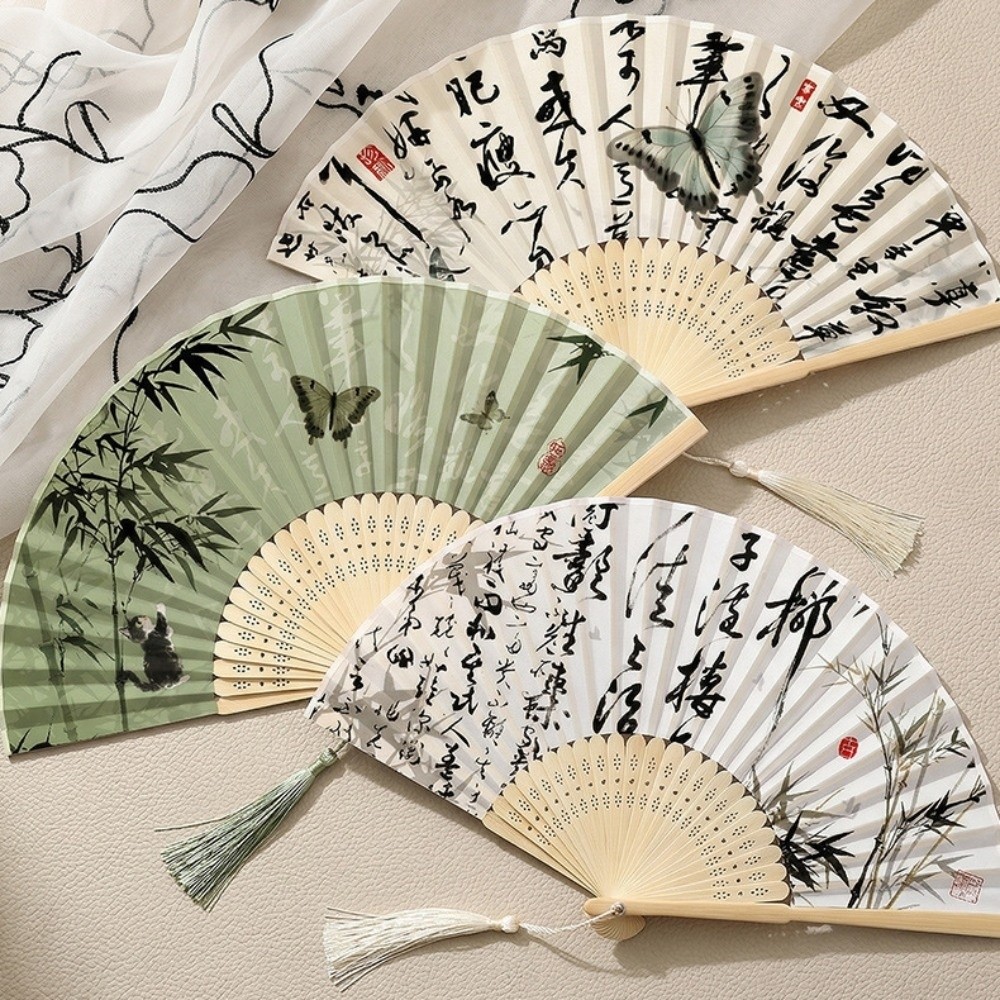 Vintage Chinese Style Tassel Folding Fan Butterfly Lotus Bamboo Fan Weeping Willow Swallow Handheld Fan Wedding