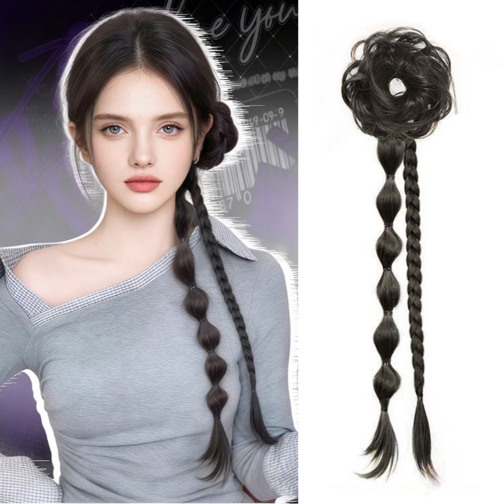 Elegant Traditional Hanfu Chinese Bun Wig Headband Ancient Style Side-Tied Bun with Twisted Braid Sweet Fluffy Ponytail Hairpiece for Women