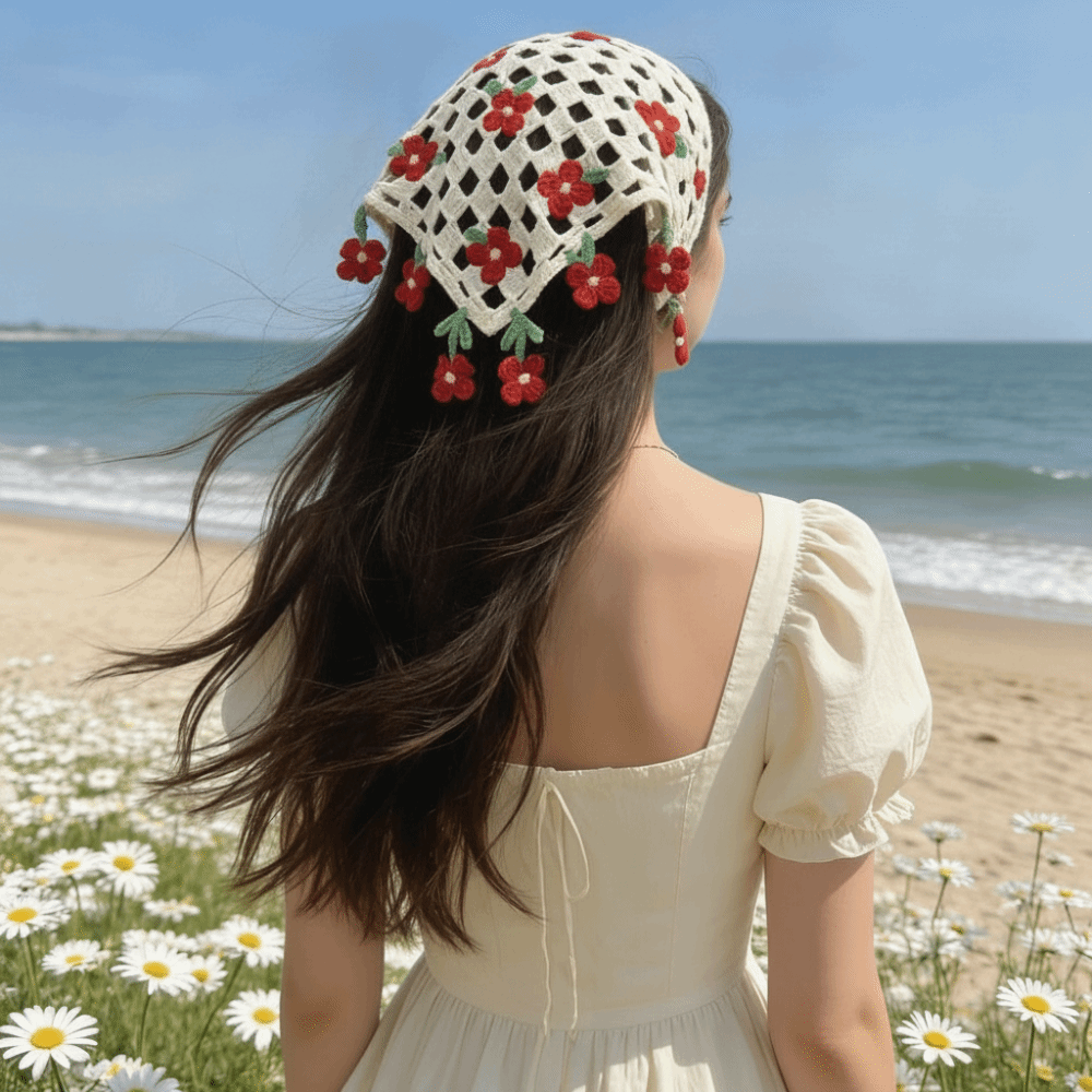 Sweet Floral Knitted Flower Headband French Pastoral Triangle Turban Bohemian Countryside Style Crochet Flower Bandana Beach Headwear