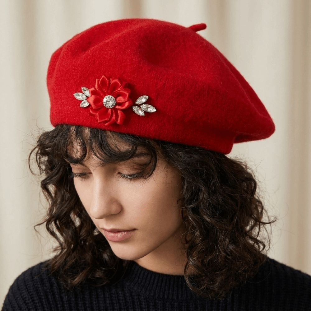 Elegant Solid Color Wool Beret Floral Soft French Style Painter Cap Decor Warm Beret Hat Casual