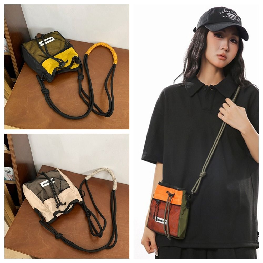 Portable Nylon Drawstring Crossbody Bag Pleated Square Men Messenger Bag Lightweight Mini HandBag Boy
