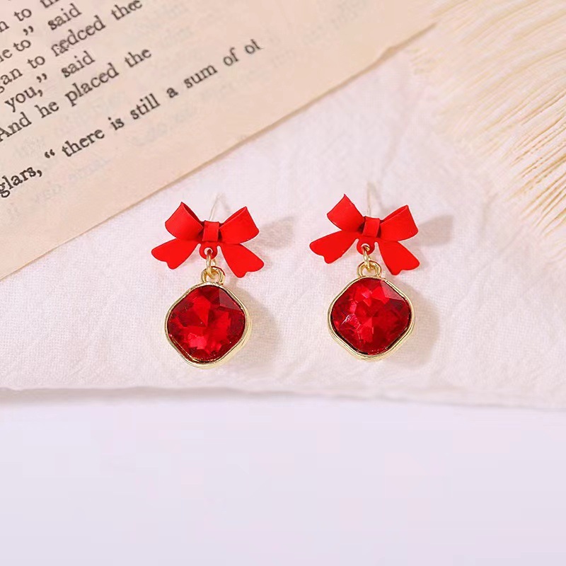 【New Arrivals】Red Bow Earrings Women's Cold Style Small Zircon Earrings Cute Mori Ear Accessories