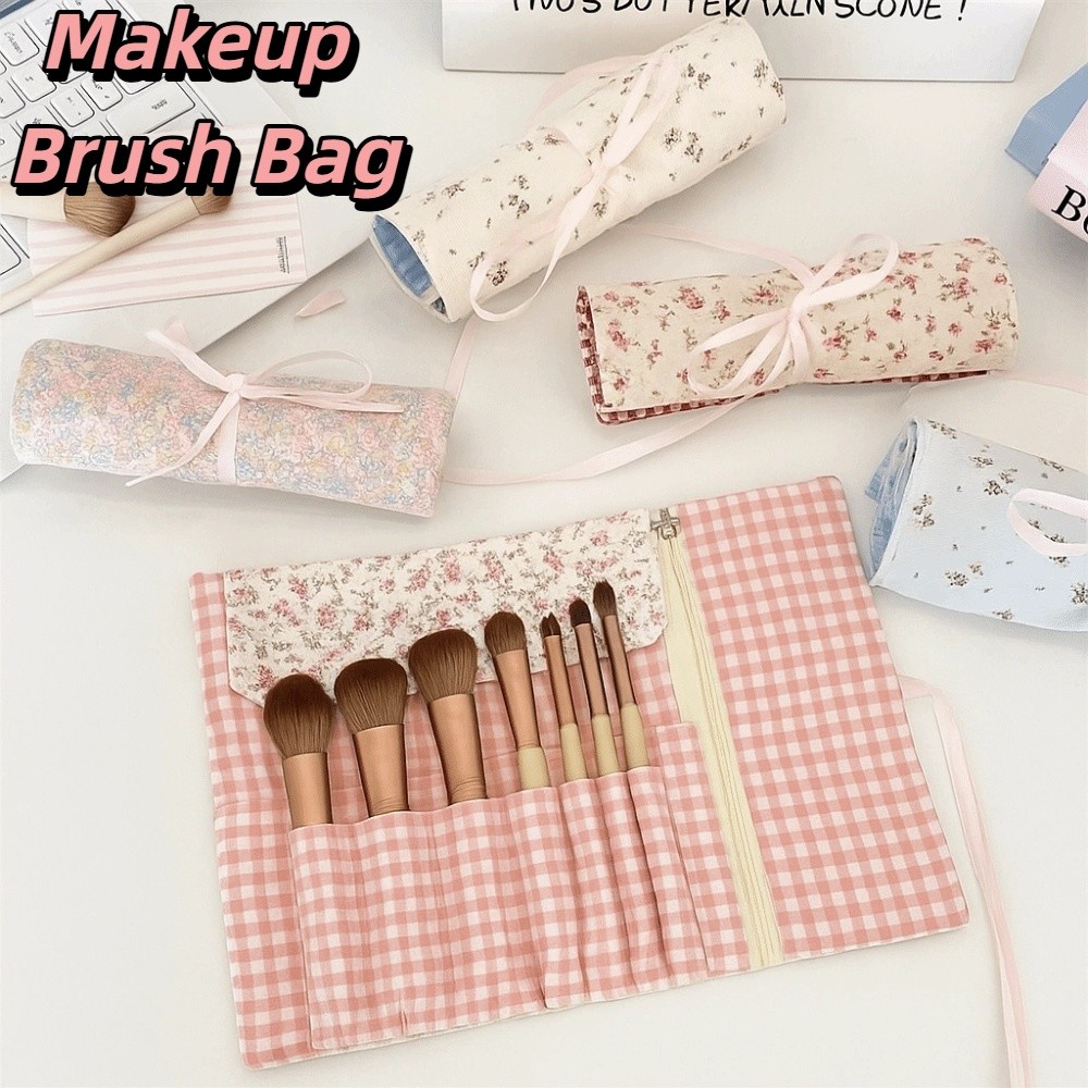 Portable Convenient Makeup Brush Bag Floral Pattern Pink Cosmetic Storage Bag Beauty Tool Eyebrow Pencil Box Makeup Brush Organizer Travel
