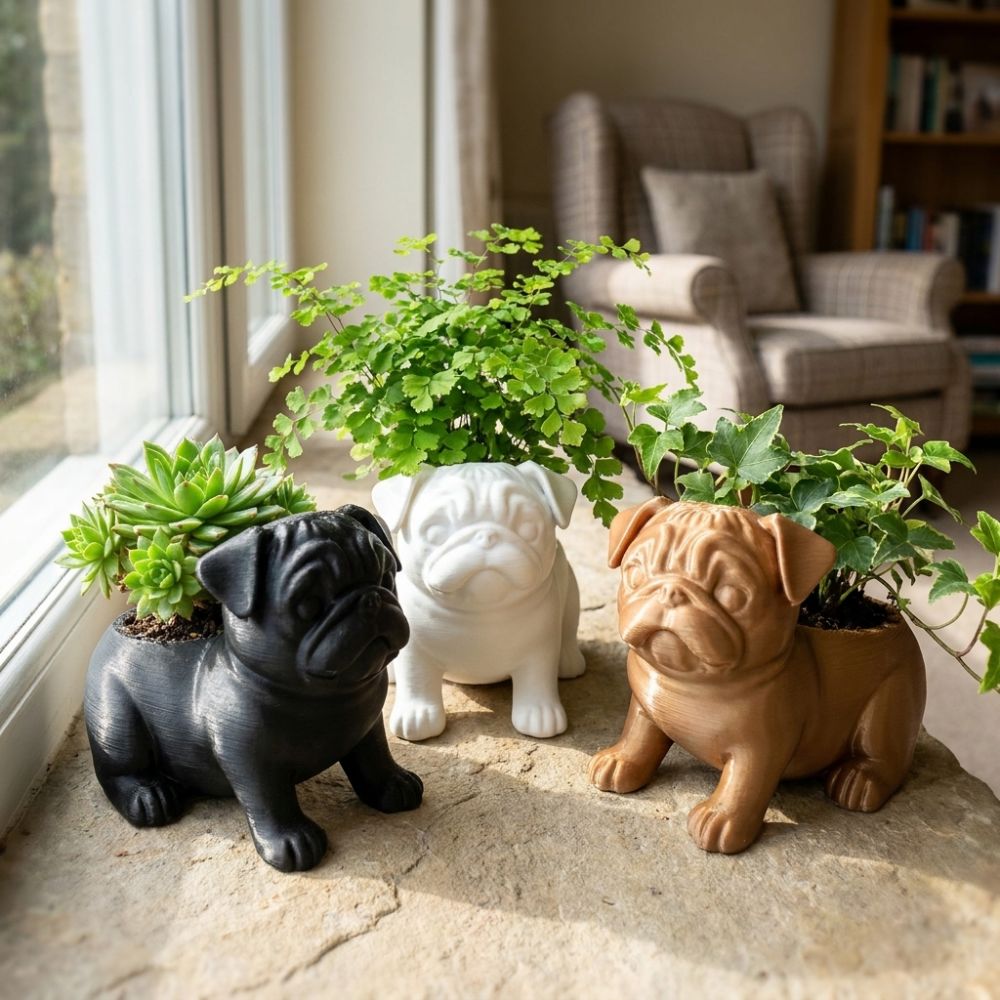 Modern 3D Printed Pug Shaped Planter Pot Plastic Funny Animal Shaped Pot Handmade Minimalist Storage Flower Pot Home Decor