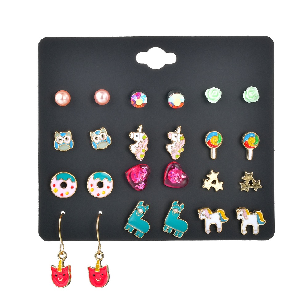【Hongtai Store】Terreau Kathy 12Pairs/set Cute Candy Lollipops Animal Dolphin Owl Mixed Shape Stud Earrings Set For Girls Children