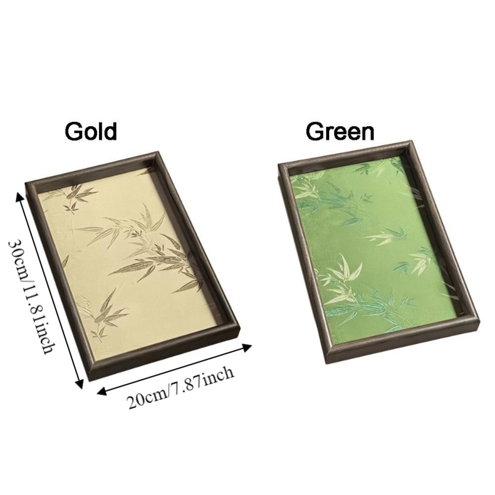 Multi-functional Wooden Bamboo Shadow Embroidered Tray Chinese Style Large Capacity Bamboo Leaf Serving Tray Space Saving Decorative Watch Jewelry Organizer Living Room