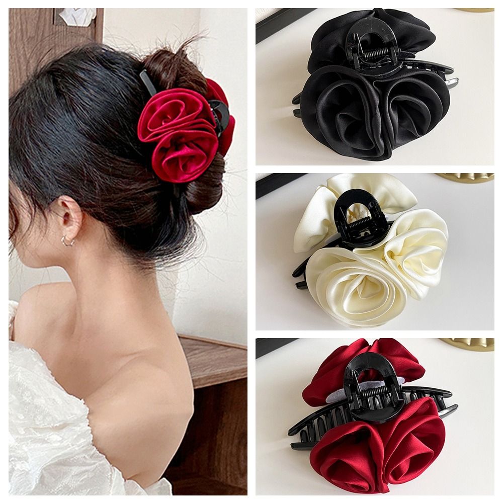 Fashion Sweet Rose Flower Hair Claw Volumizing Elegant Beaded Tassel Jaw Clips Large Size Shark Clip Hair Accessories Commute