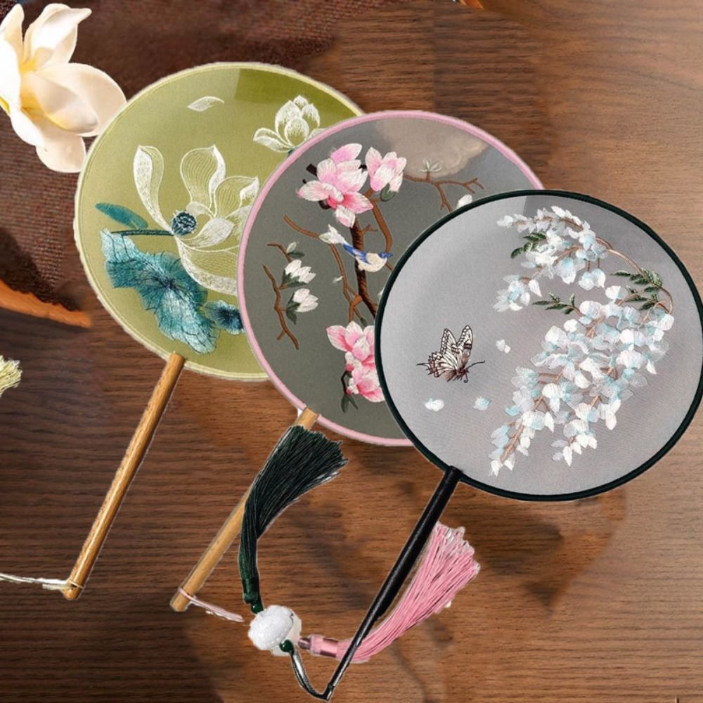 Vintage Round Double Sided Embroidery Fan Wooden Handle Handheld Flower Silk Fan with Pendant Tassels Hanfu Hand Fan Performance Photography