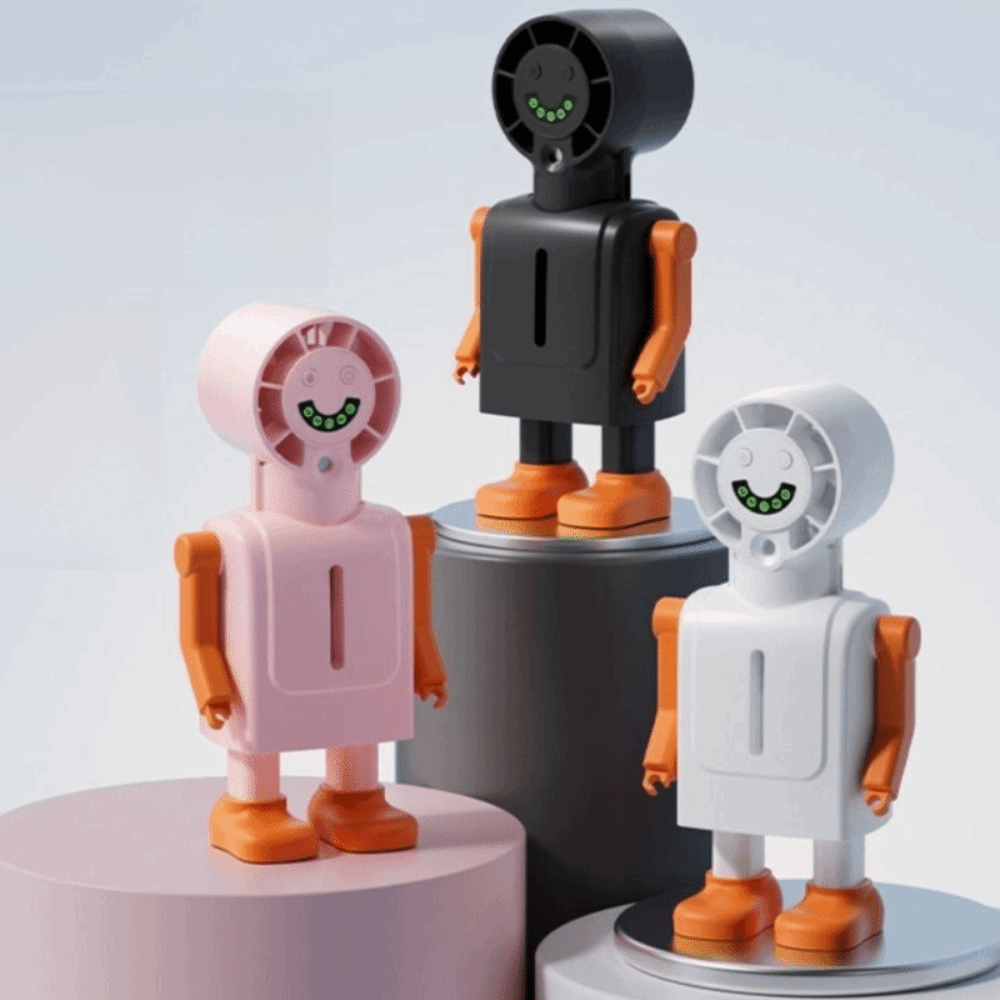 Atomized Mist Cute Robot Shape Misting Handheld Fan LED Screen Display Detachable Base Spray Cooling Fan Strong Wind Quiet Low-Noise Rechargeable Fan Home Use