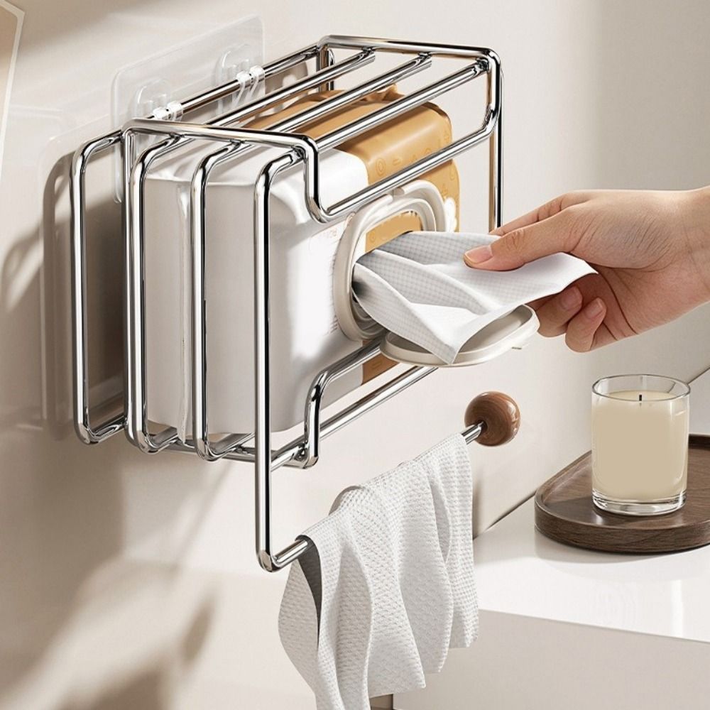 Durable Stainless Steel Toilet Tissue Holder Wall Mounted Large Capacity Paper Storage Box Punch-Free Space Saving Wet Wipes Holder Toilet