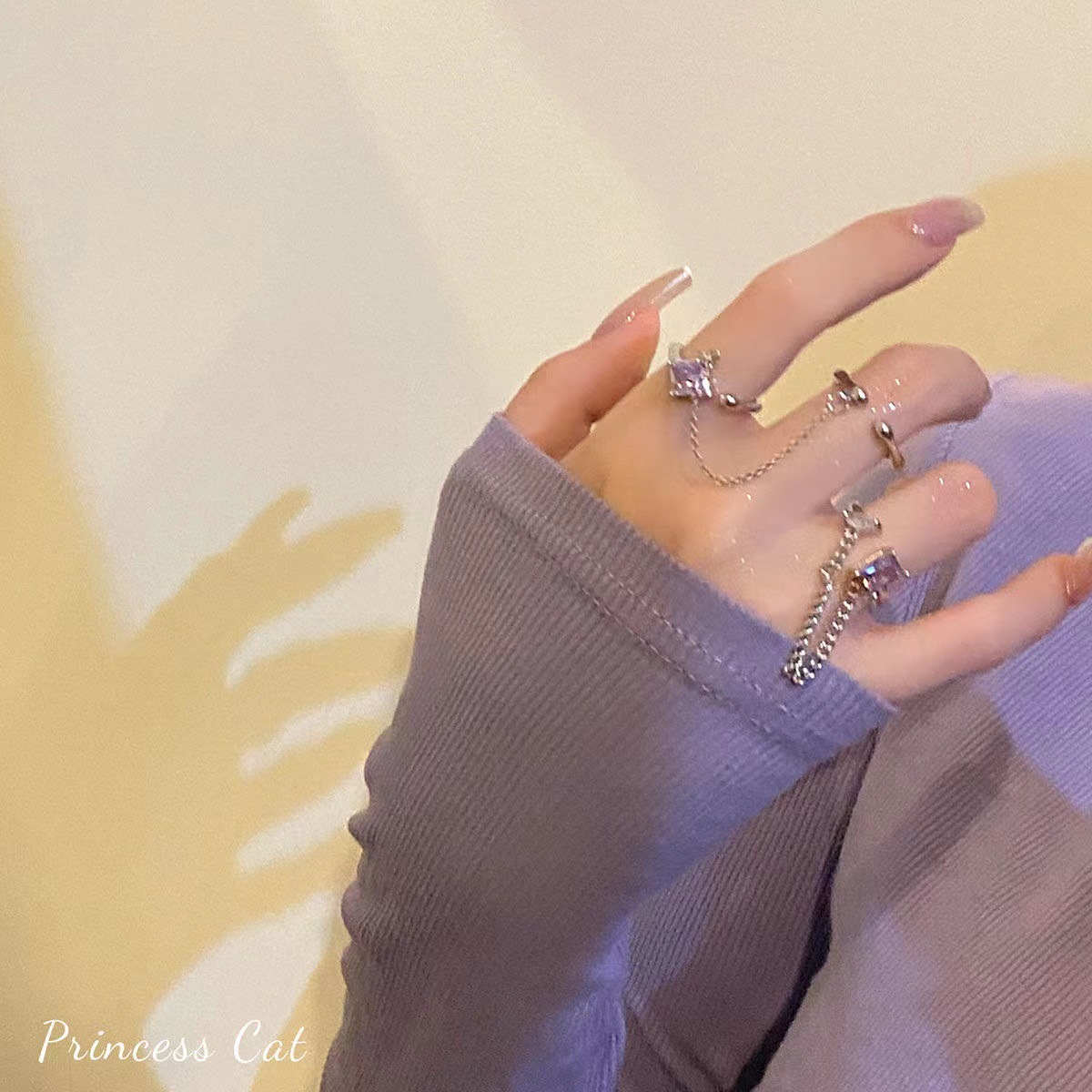 【New Arrivals】Ins Geometric Square Zircon Sparkling Purple Chain suit Open Ring Women's High-Level Niche Design Ring