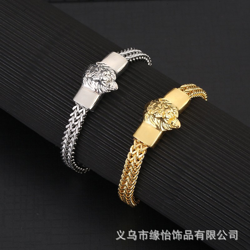 【Prices are low- Now don't beslow】New Lion Head Double Row Chain Buckle Bracelet Hip Hop Style Steel Bracelet for Men