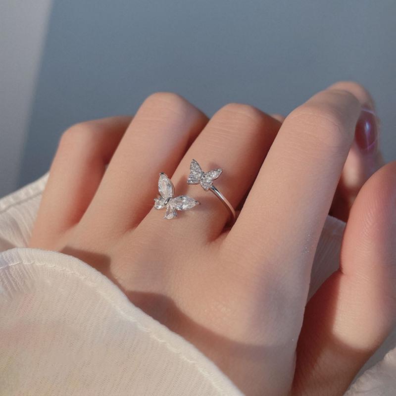Yuanyan Shiny Cute Crystal Butterfly Zircon Rings for Women Girls Korean Minimalist Wedding Ring Adjustable Silver Color Ring Jewelry