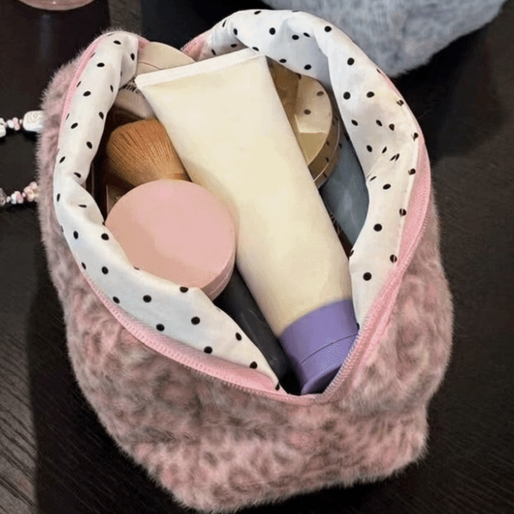 Durable Large Capacity Leopard Print Makeup Bag Plush Soft Cosmetic Bag With Zipper Portable Toiletry Organizer Girls