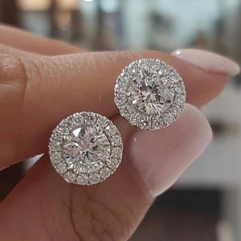 Girls Cute Crystal Round Earrings Silver White Zircon Wedding Stud Earrings For Wo Studs Vintage Jewelry