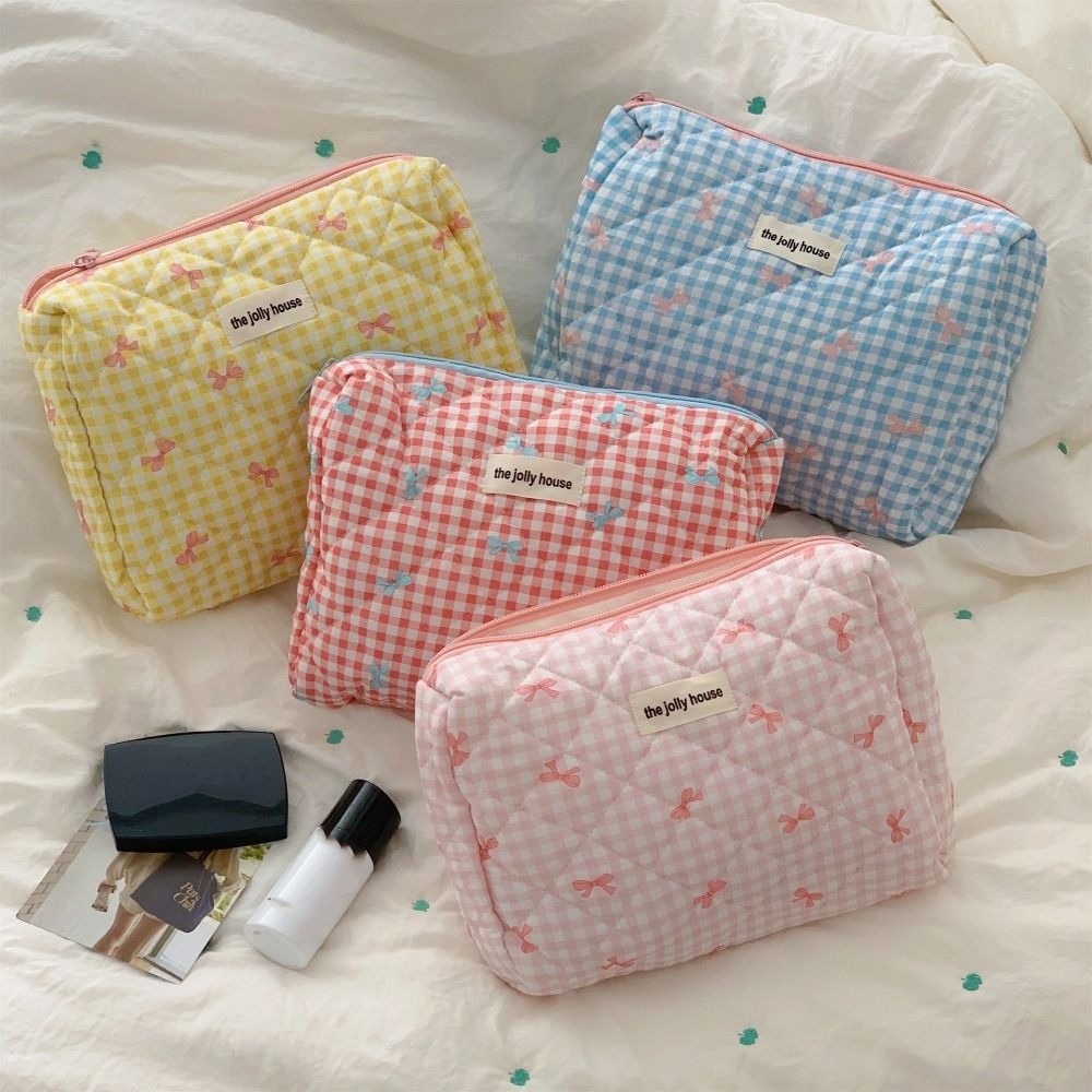 Creative Large Capacity Lattice Cosmetic Bag with Zipper Cute Storage Bag Bow Pattern Colorful Portable Makeup Bag Travel