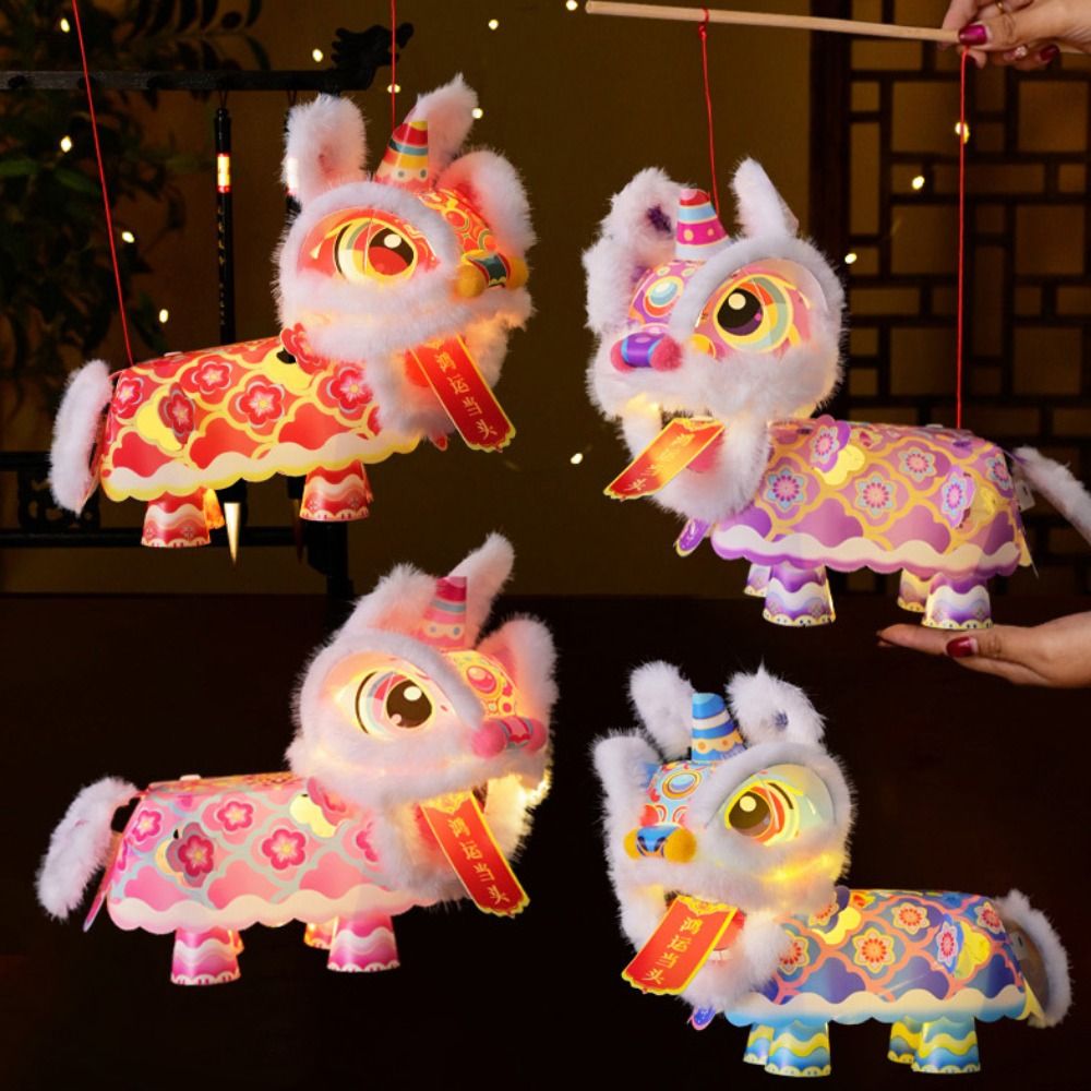 New Year Ancient Style Lion Dance Lantern Waterproof Cartoon Luminous Lantern Material Packages Handmade Portable Lantern Kids Craft
