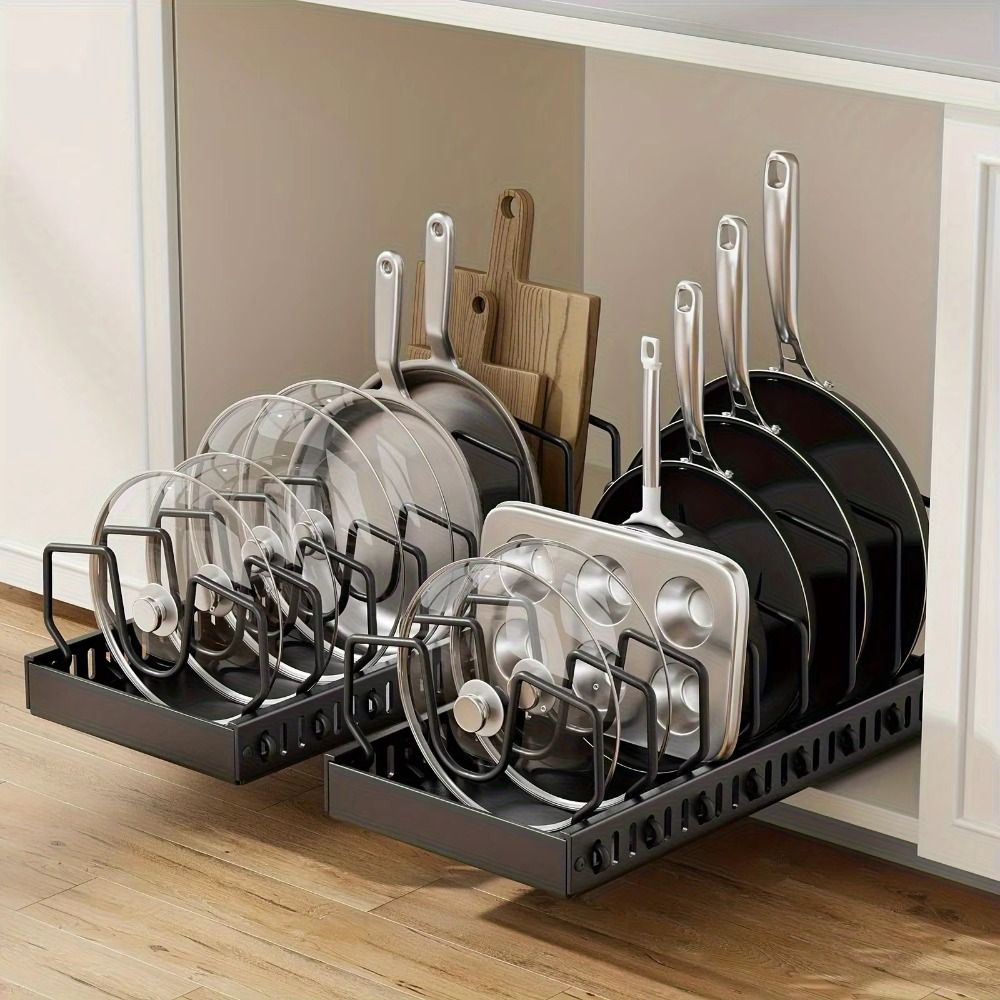 Drawer Rack Adjustable Dividers Pull Out Pan Rack Multifunctional Sliding Design Pots Pans Organizer Retractable Space Saving Cookware Storage Rack Kitchen Cabinets