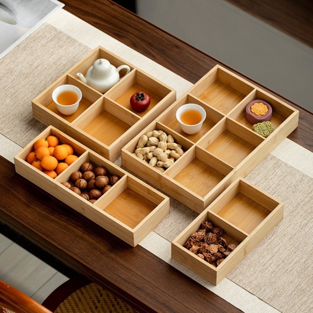 Natural Multi-Grid Bamboo Tray Wooden Snack Storage Tray Combination Serving Plate Vegetable
