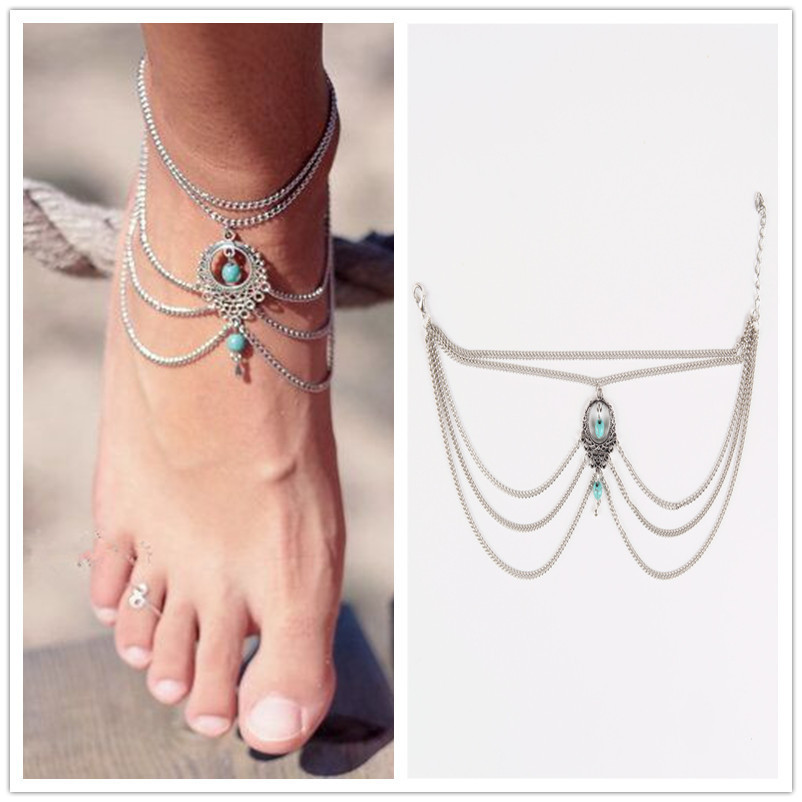 【New arrival】Jewelry Bohemian style punk retro style multi-layer tassel turquoise anklet ankle jewelry