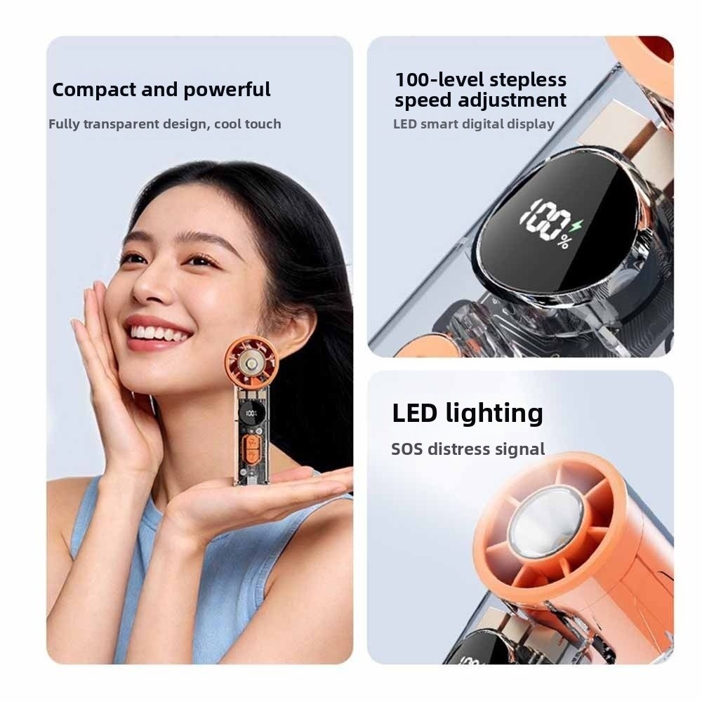 Outdoor Cooling Device 100 Gears Mini Pocket Turbo Fan Rechargeable Transparent Body Handheld Fan Adjustable Speeds with LED Light Neck Hanging Small Fan Travel