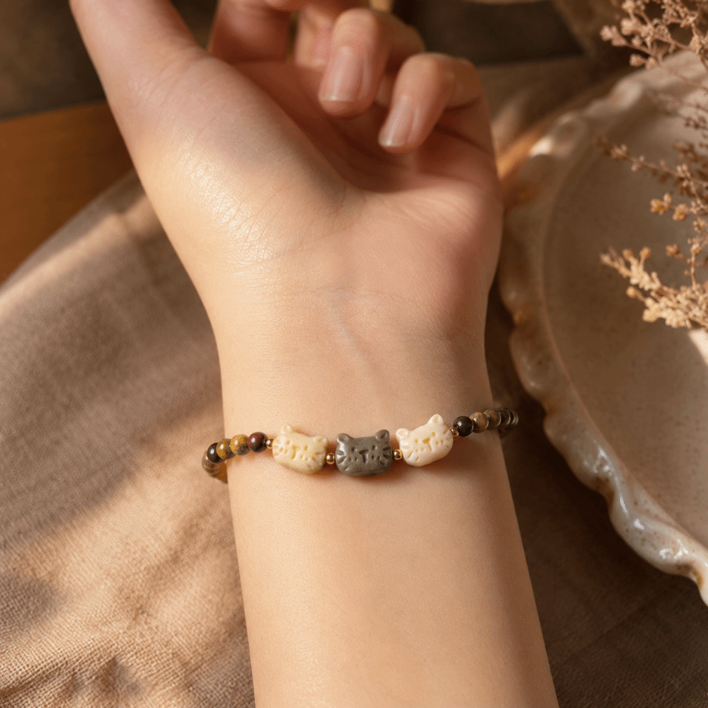 Sweet New Chinese Style Cat Bracelet Best Friend Cute Zen Beaded Bracelet Resin Stacked Bracelet Student