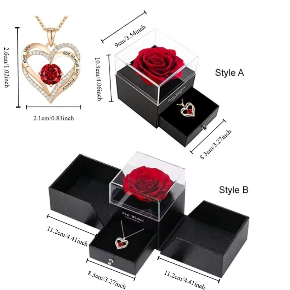 Romantic -studded Rose Gift Box Love Necklace with Greeting Card Electroplated Valentine's Day Necklace Double Heart Women Necklace Birthday