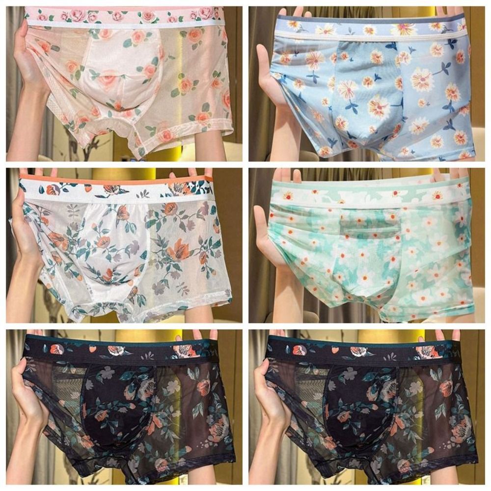 Cool Leopard Print Men's Ice Silk Boxer Seamless Ultra Thin Mesh Boxer Briefs Panties Underwear Shorts Male Summer