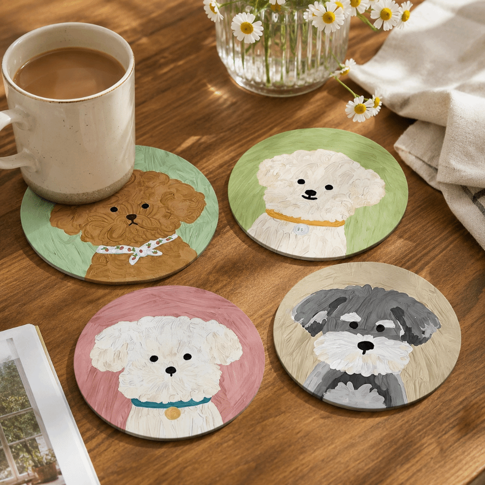 4/6pcs Cute Round Wooden Drink Coaster Heat-Resistant Waterproof Cat Coaster Non-Slip Dog Insulation Pad For Dining